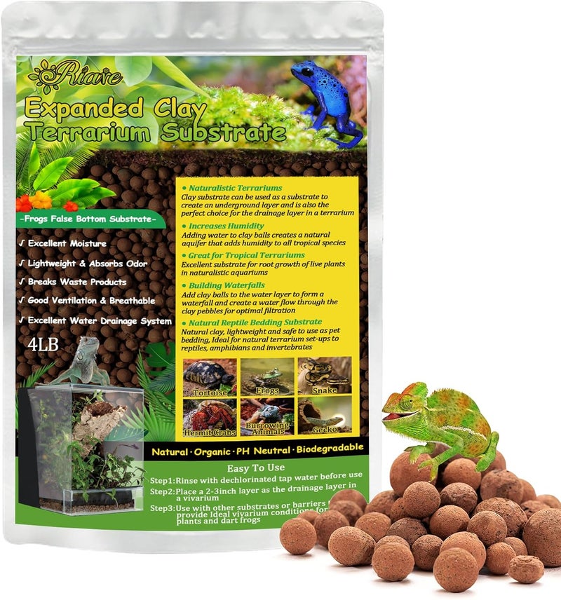 Riare 4LBS Expanded Clay Balls Terrarium Substrate for Reptiles - 100% Organic Lightweight Clay Pebbles Substrate Frogs False Bottom Substrate, Bioactive Terrarium Substrate for Drainage and Moisture - Image 1